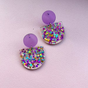Statement earrings GLITTER CONFETTI purple magenta/ turquoise acrylic & stainless steel gifts for her image 3