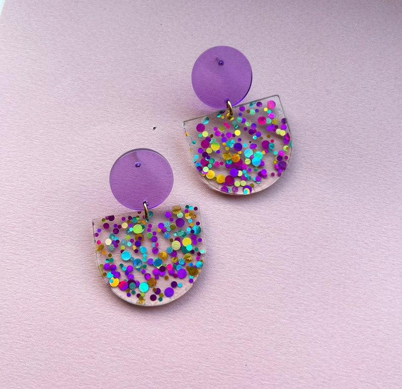 Statement earrings GLITTER CONFETTI purple magenta/ turquoise acrylic & stainless steel gifts for her image 3