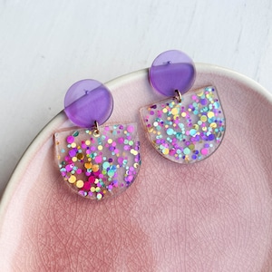 Statement earrings GLITTER CONFETTI purple magenta/ turquoise acrylic & stainless steel gifts for her image 8