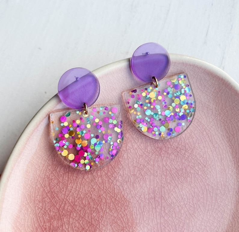 Statement earrings GLITTER CONFETTI purple magenta/ turquoise acrylic & stainless steel gifts for her image 8