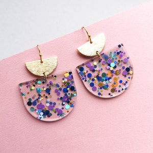 Statement Earrings - GLITTER CONFETTI - Acrylic & Brass - Gifts for Her