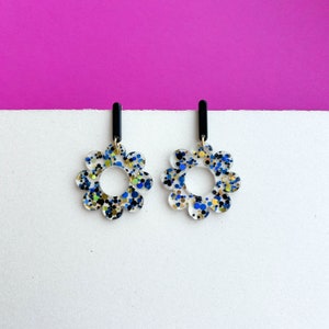Large floral statement earrings GLITTER CONFETTI black/blue/golden gifts for her image 6