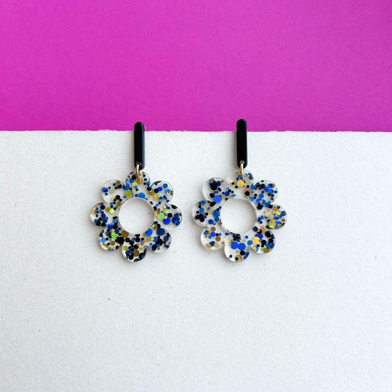 Pendientes grandes de declaración floral GLITTER CONFETTI negro/azul/dorado regalos para ella imagen 6