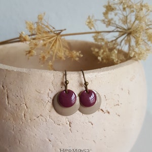 Enamel Earrings BEIGE VIOLET Brass Ear Hooks with Ball 12mm Round Enamel Basics Earrings Vintage Design /Enamel Jewelry /Gift for Her image 1