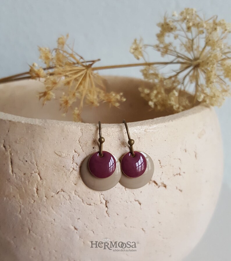 Enamel Earrings BEIGE VIOLET Brass Ear Hooks with Ball 12mm Round Enamel Basics Earrings Vintage Design /Enamel Jewelry /Gift for Her image 1