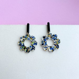 Large floral statement earrings GLITTER CONFETTI black/blue/golden gifts for her image 3