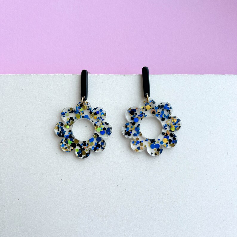 Pendientes grandes de declaración floral GLITTER CONFETTI negro/azul/dorado regalos para ella imagen 3