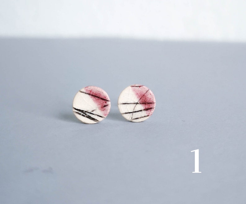 Ceramic Stud Earrings LINES 8mm Ceramic / Surgical Steel Pink White Graphic Stud Earrings Minimalist / Gifts for Her 1
