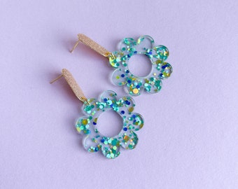 Large flower statement earrings - GLITTER CONFETTI turquoise/blue/golden- gifts for her