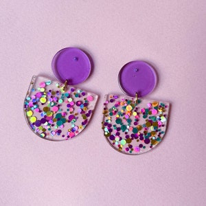 Statement earrings GLITTER CONFETTI purple magenta/ turquoise acrylic & stainless steel gifts for her image 1