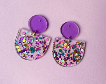 Statement earrings - GLITTER CONFETTI purple- magenta/ turquoise - acrylic & stainless steel - gifts for her