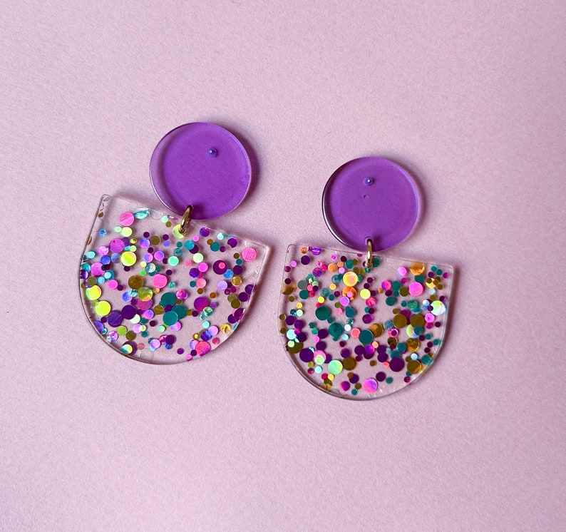 Statement earrings GLITTER CONFETTI purple magenta/ turquoise acrylic & stainless steel gifts for her image 1