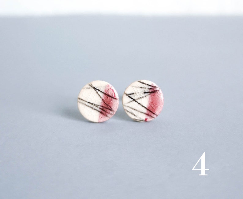 Ceramic Stud Earrings LINES 8mm Ceramic / Surgical Steel Pink White Graphic Stud Earrings Minimalist / Gifts for Her 4