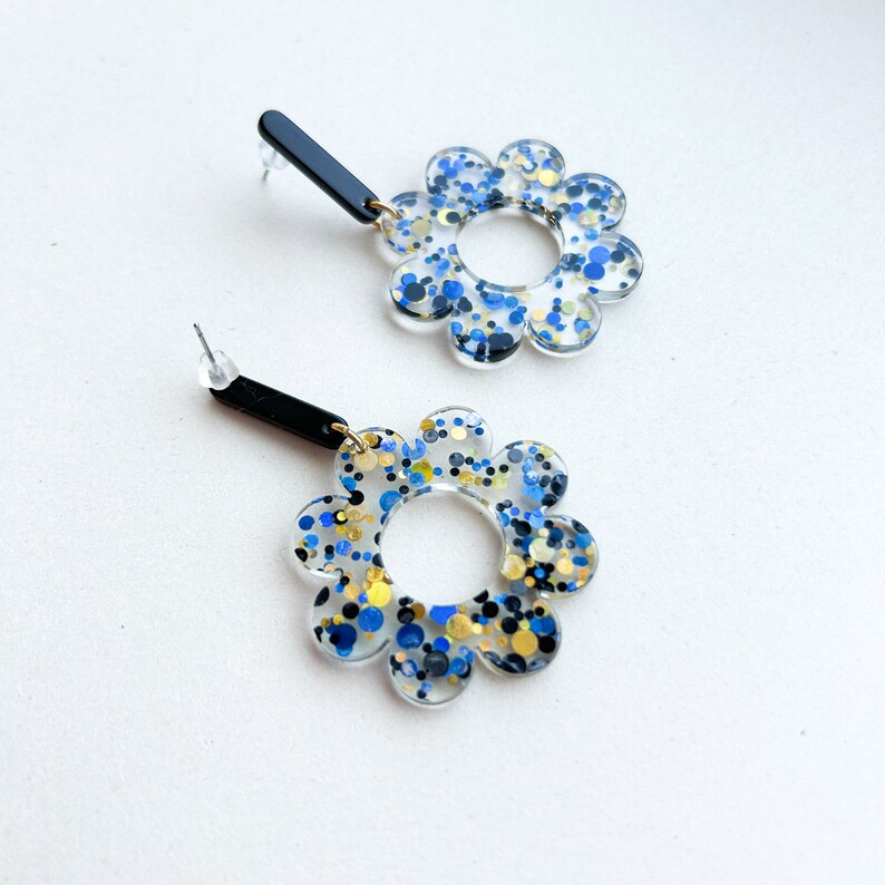 Large floral statement earrings GLITTER CONFETTI black/blue/golden gifts for her image 5