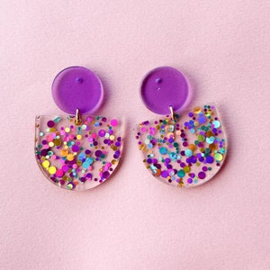 Statement earrings GLITTER CONFETTI purple magenta/ turquoise acrylic & stainless steel gifts for her image 6