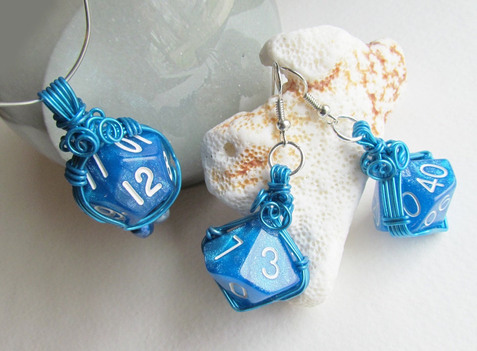 D&D jewelry set Blue Sparkle Horizon dice wirewrapped in Etsy