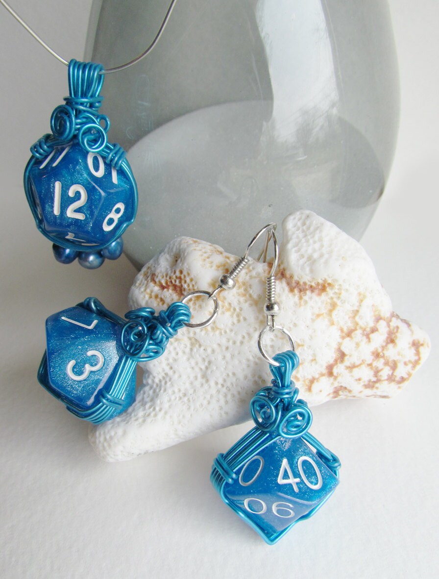 D&D jewelry set Blue Sparkle Horizon dice wirewrapped in Etsy