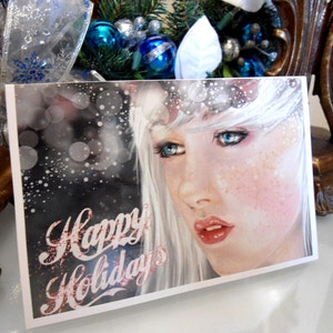 Tarjeta Happy Holidays de pintura de retrato digital original, besos de invierno, tarjeta ilustrada de vacaciones de Navidad 5x7