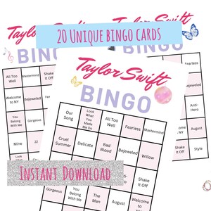 Op de afbeelding: Roze en paarse bingokaarten met de tekst "Taylor Swift BINGO". De kaarten bevatten songtitels en de zinnen "20 UNIQUE BINGO CARDS" en "INSTANT DOWNLOAD".