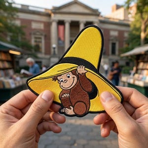 May include: An embroidered patch featuring a brown monkey character wearing a large, bright yellow hat with a black band. The patch has a distinct black border and depicts the character smiling while holding the brim of the hat with one hand.