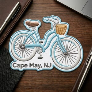 Cape May Bicycle Patch, New Jersey Embroidered Coastal Bike Badge, Iron On Jacket Hat Backpack Travel Souvenir