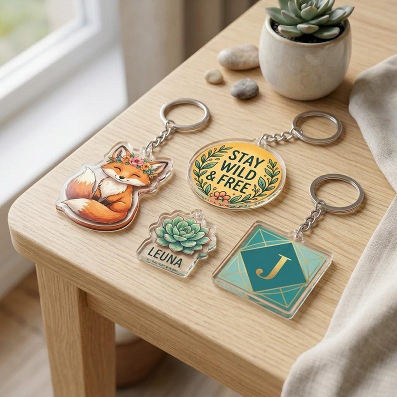 May include: Four acrylic keychains with silver keyrings are displayed on a wooden surface. One keychain features a fox with a floral crown, another has the text "STAY WILD & FREE", a third has a succulent design, and the last has a teal geometric design with the letter "J".
