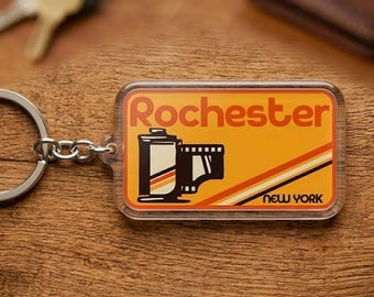 Rochester New York Film Camera Keychain Retro Photography Travel Souvenir Acrylic Bag Charm
