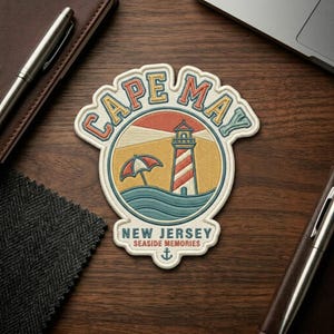 Cape May Lighthouse Patch, New Jersey Embroidered Seaside Memories Badge, Iron On Jacket Hat Backpack Travel Souvenir
