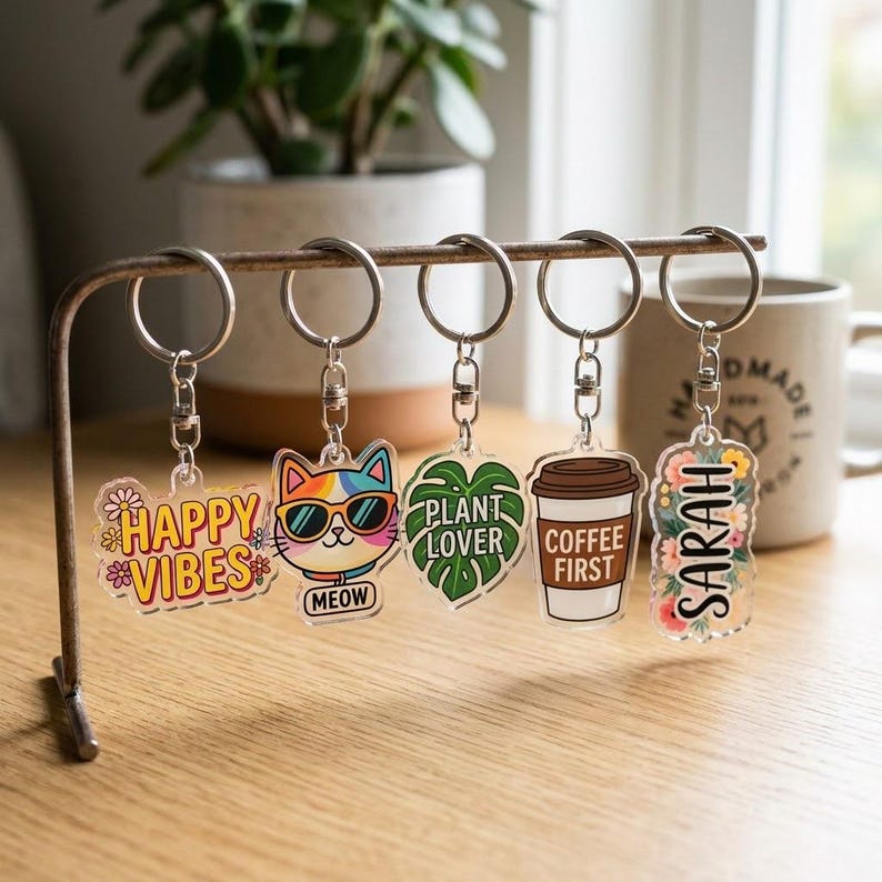 May include: A collection of acrylic keychains with various designs, including a cat wearing sunglasses, a coffee cup, a monstera leaf, and the words "Happy Vibes", "Plant Lover", and "Coffee First". Each keychain is attached to a silver keyring.