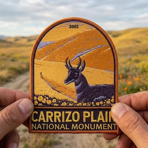 May include: Embroidered patch featuring a pronghorn antelope in a landscape scene. The patch has a dark purple border and the text "CARRIZO PLAIN NATIONAL MONUMENT". The background is a golden yellow with a blue sky.