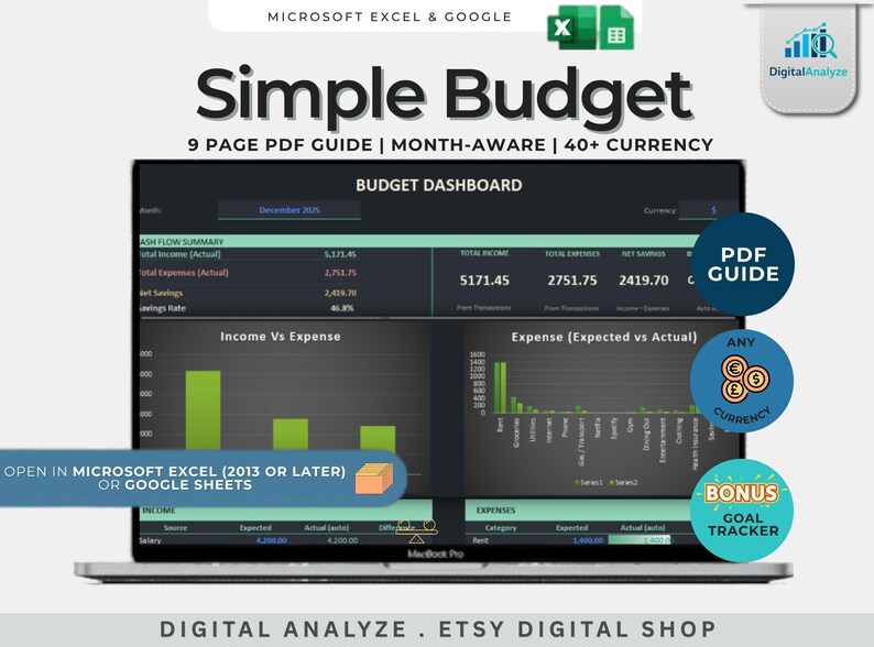 Simple Budget 2026 Excel Google Sheets Dark Mode | Monthly Expense ...