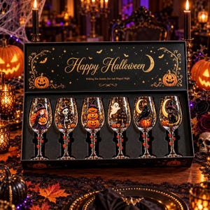 May include: A black gift box containing six clear wine glasses, each decorated with colorful Halloween illustrations including a witch, skeleton, pumpkins, ghost, raven, and black cat. The box lid features the text Happy Halloween.