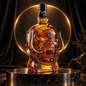 Könnte beinhalten: Eine Glasflasche mit bernsteinfarbenem Whiskey, die ein skulptiertes, knurrendes Kreaturengesicht mit Hörnern, Metallspitzen und einer Kette zeigt. Die Flasche ist mit dem Jack Daniel's Old No. 7 Branding und dem Text Lemmy Motörhead beschriftet.