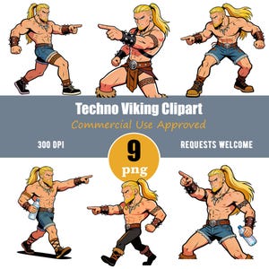 May include: A digital illustration featuring a muscular, blonde-haired man in various poses, pointing. The man is depicted in a stylized, cartoonish manner, wearing minimal clothing. Text includes "Techno Viking Clipart" and "Commercial Use Approved."