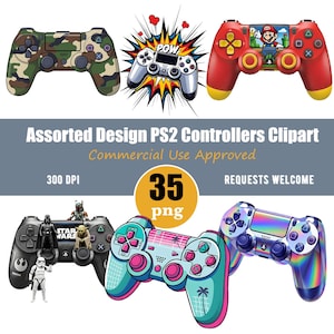 May include: An assortment of PS2 controllers with various designs. One controller has a camouflage pattern, another features a comic book style "POW" graphic, and a third has a Mario design. Other controllers have Star Wars characters and a retro design. The image includes the text "Assorted Design PS2 Controllers Clipart".