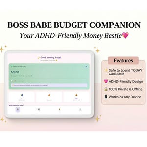 Pode incluir: Um tablet branco exibe uma interface de aplicativo de orçamento com um esquema de cores verde e branco. O aplicativo mostra um saldo de 0,00 € e apresenta recursos como uma calculadora de gastos seguros e um design compatível com TDAH. O texto na parte superior diz "BOSS BABE BUDGET COMPANION".