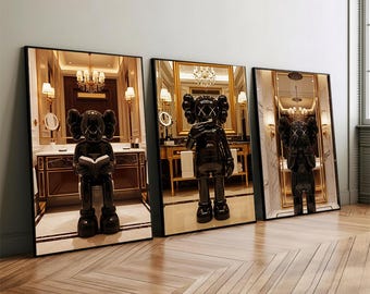 Set of 3 Black Kaws in Shower & Bathroom, DIGITAL DOWNLOAD, Kaws Poster, Hypebeast Prints, Washroom Wall Art, Bathroom Decor