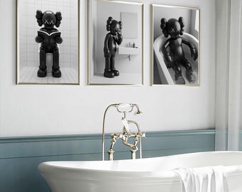 KAWS Bathroom Wall Art Set of 3,Black Shower Poster,Hypebeast Washroom Decor,Modern KAWS Prints,Luxury Bathroom Wall Decor,Digital Download