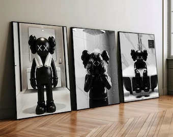 Set of 3 Black Kaws in Shower & Bathroom, DIGITAL DOWNLOAD, Kaws Poster, Hypebeast Prints, Washroom Wall Art, Bathroom Decor