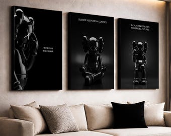 Set of 3 Black KAWS, Wall Art Prints, Minimalist, Modern Hypebeast Decor, Graffiti Art, Printable Wall Art, KAWS Figure, Digital Download