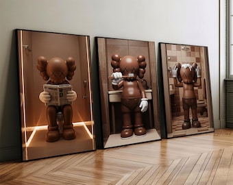 Set of 3 Brown Kaws in Shower & Bathroom, DIGITAL DOWNLOAD, Kaws Poster, Hypebeast Prints, Washroom Wall Art, Bathroom Decor