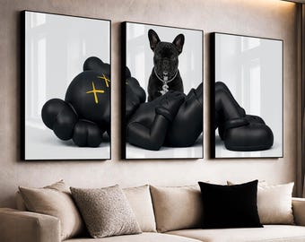 KAWS Wall Art Set of 3, Black KAWS Figure & French Bulldog Print, Hypebeast Poster, Modern Wall Decor, Digital Download