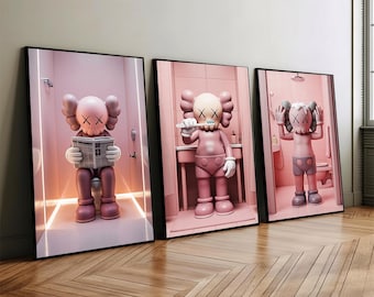 Set of 3 Pink Kaws in Shower & Bathroom, DIGITAL DOWNLOAD, Kaws Poster, Hypebeast Prints, Washroom Wall Art, Bathroom Decor