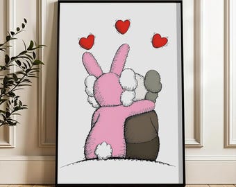 KAWS Inspired Couple Wall Art  Cute Love Bunny Print  Romantic Hug Poster  Modern Bedroom Decor  Minimal Hypebeast Artwork  Digital Download