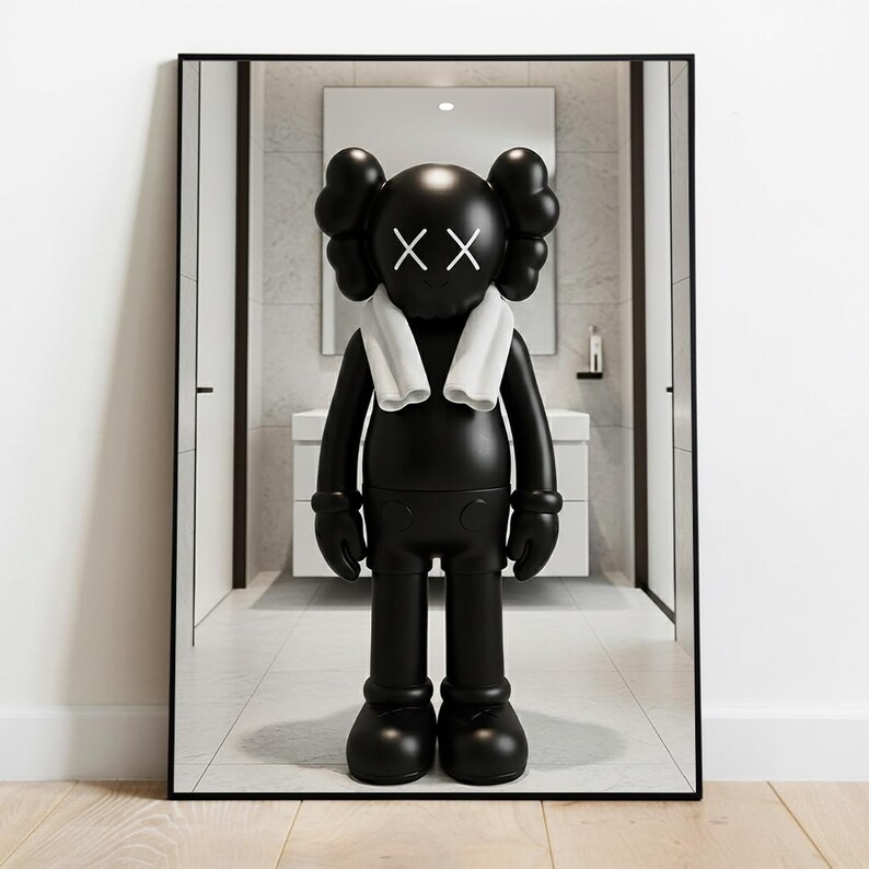 Set med 3 svarta Kaws i dusch och badrum, DIGITAL NEDLADDNING, Kaws-affisch, Hypebeast-tryck, väggkonst för badrum, badrumsdekor bild 4