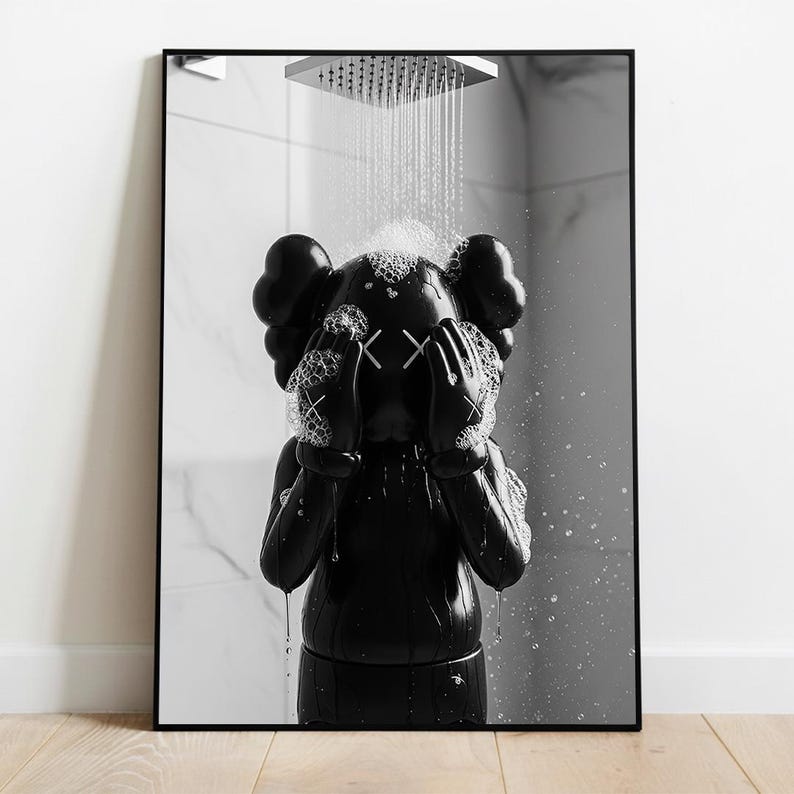 Set med 3 svarta Kaws i dusch och badrum, DIGITAL NEDLADDNING, Kaws-affisch, Hypebeast-tryck, väggkonst för badrum, badrumsdekor bild 5