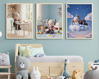 KAWS Baby Nursery Wall Art Set of 3, Eat Play Sleep Posters, Cute Kids Room Decor, Hypebeast Baby Prints, Digital Download