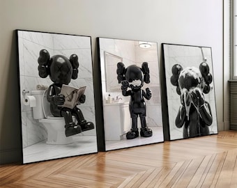 KAWS Bathroom Wall Art Set of 3,Black Shower Poster,Hypebeast Washroom Decor,Modern KAWS Prints,Luxury Bathroom Wall Decor,Digital Download