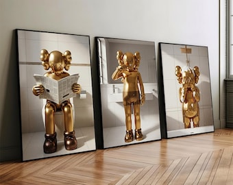 Set of 3 Golden Kaws in Shower & Bathroom, DIGITAL DOWNLOAD, Kaws Poster, Hypebeast Prints, Washroom Wall Art, Bathroom Decor