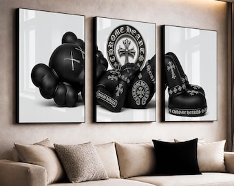 Chrome Hearts Kaws Poster Set of 3, Black White Hypebeast Decor Wall Art, Gothic Luxury Decor, Black White Chrome Hearts, Dark Fashion Decor